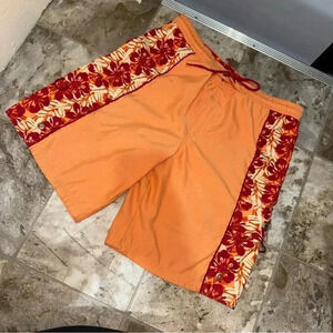Kids Boys  Columbia Brand Orange Hawaiian Floral Resort Swim Trunks Size: 10-12